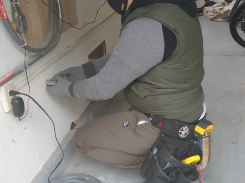 Electrician performing outlet wiring in a Whitemarsh garage
